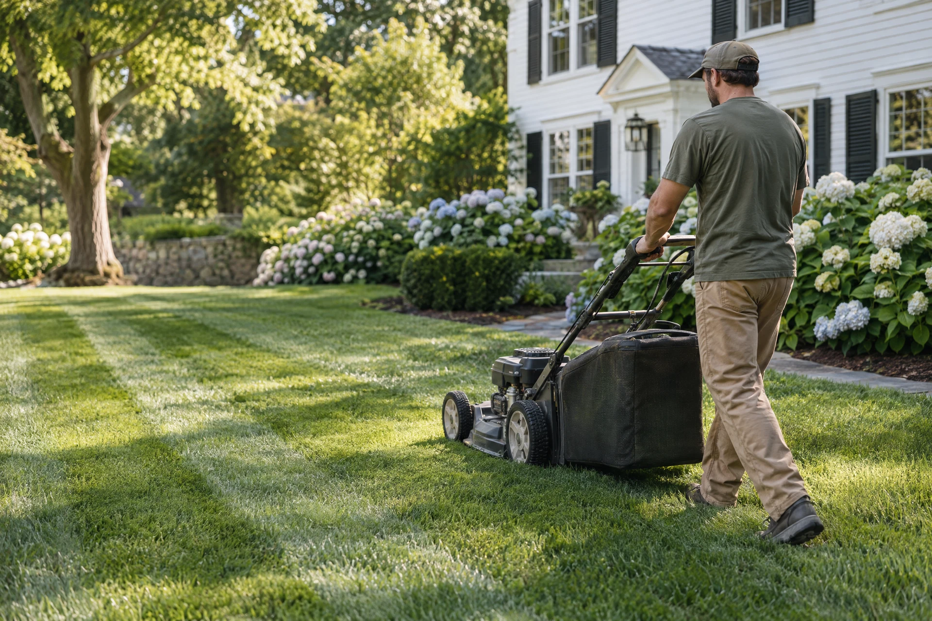 Illustrative lawn care scene with a landscaper mowing a residential lawn